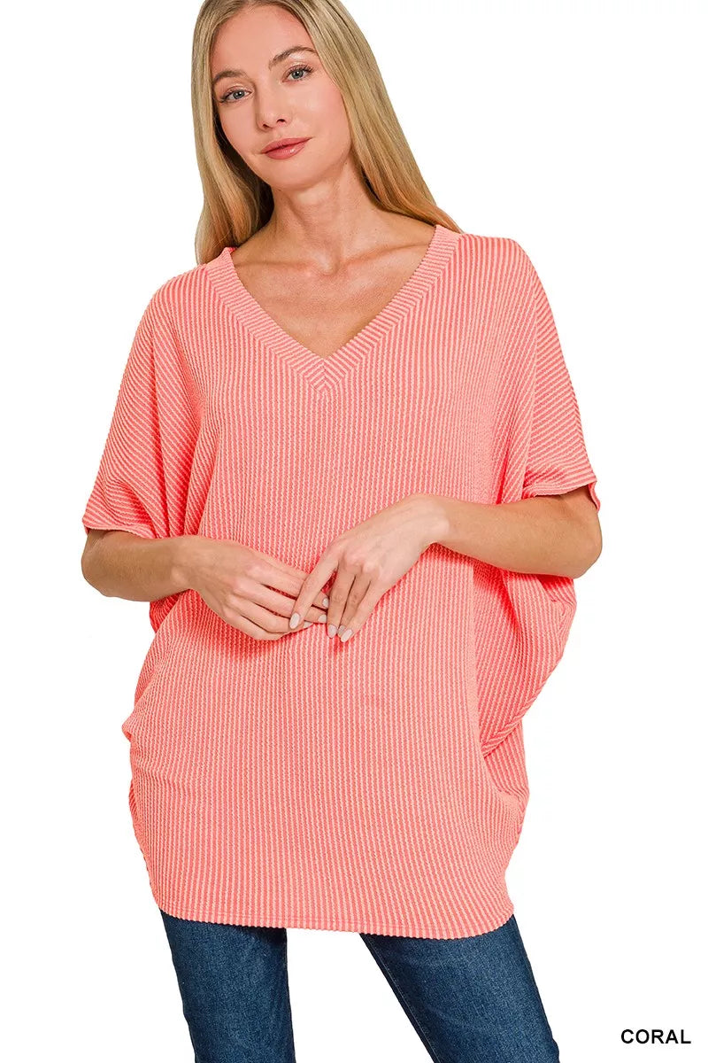 Raised Rib V-Neck Batwing Top