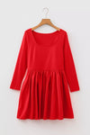Red U-neck long-sleeve fit-and-flare mini dress