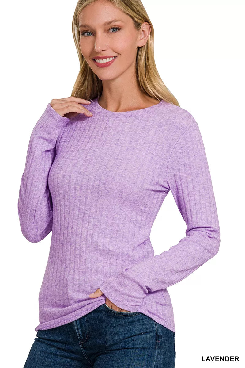 Ribbed Long Sleeve Round Neck T-Shirt — Lavender