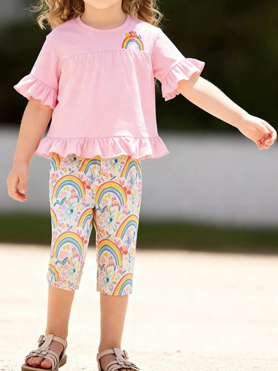 Girls' Rainbow Ruffle Top & Capri Set – Blush Pink