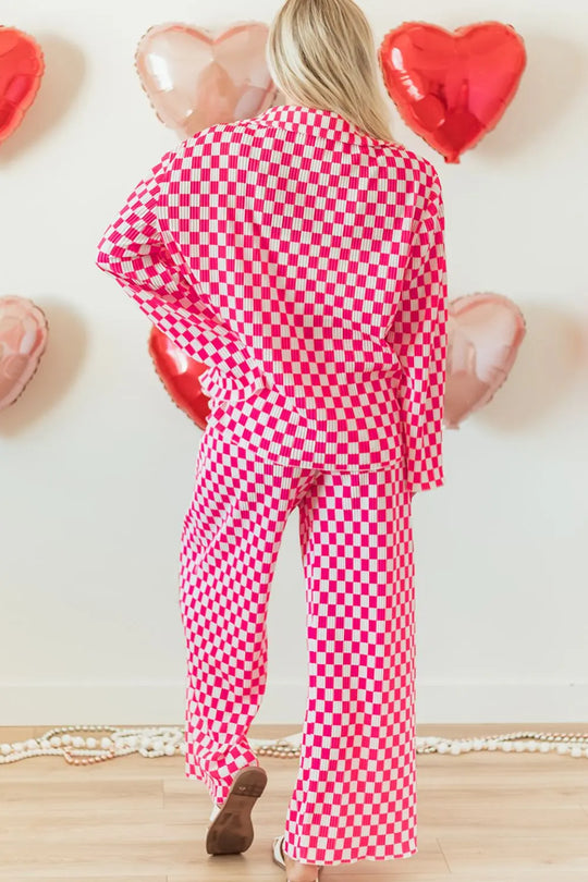 Another view: Checkerboard Button-Up Lounge Set — Strawberry