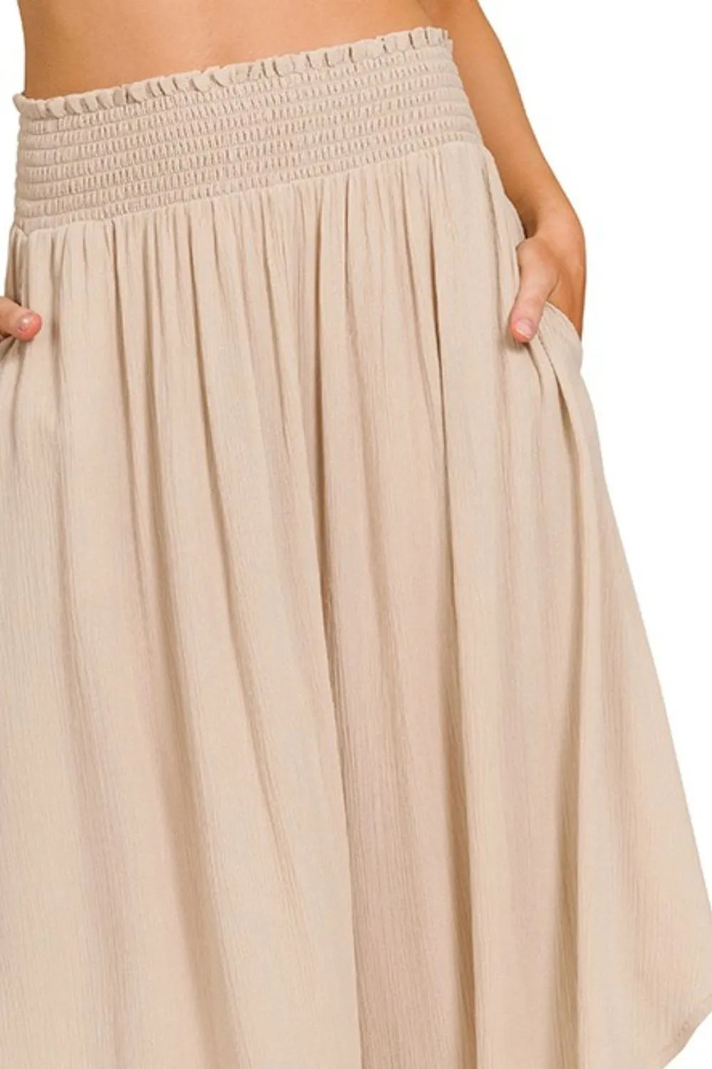 Woven Crinkle Smocked Waist Maxi Skirt with Pockets — SAND BEIGE