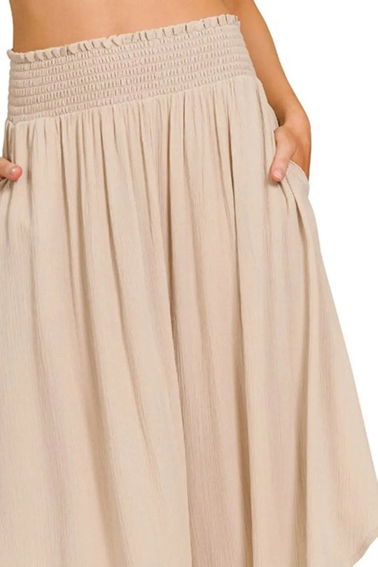 Another view: Woven Crinkle Smocked Waist Maxi Skirt with Pockets — SAND BEIGE