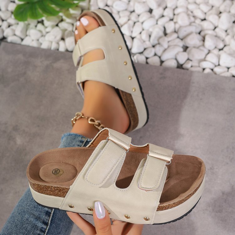 Women's Platform Sandals with Velcro Straps - Thick Sole Beach Shoes with Rivet Details