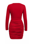 Red ruched cowl-neck long-sleeve mini dress, back view