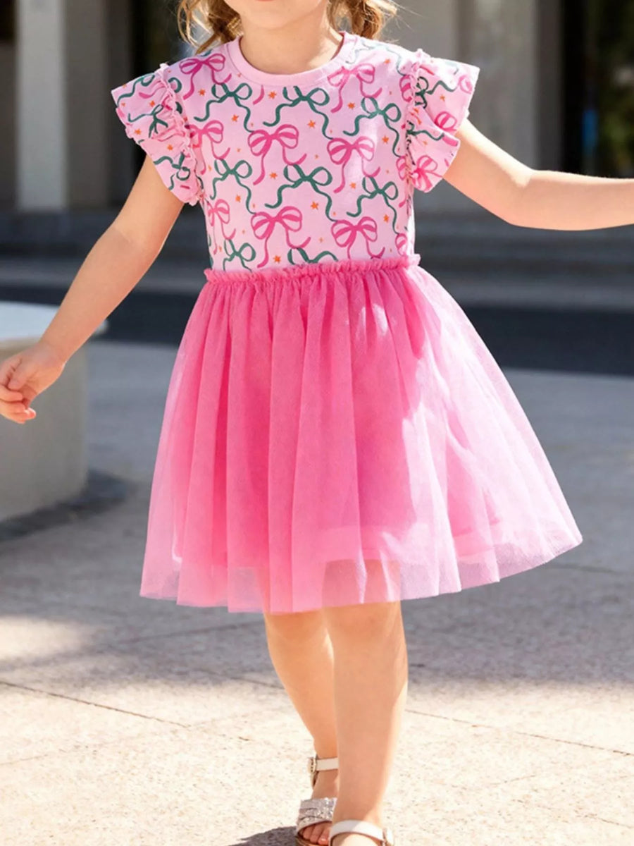 Girls' Bowknot Ruffle-Sleeve Tulle Dress — Fuchsia