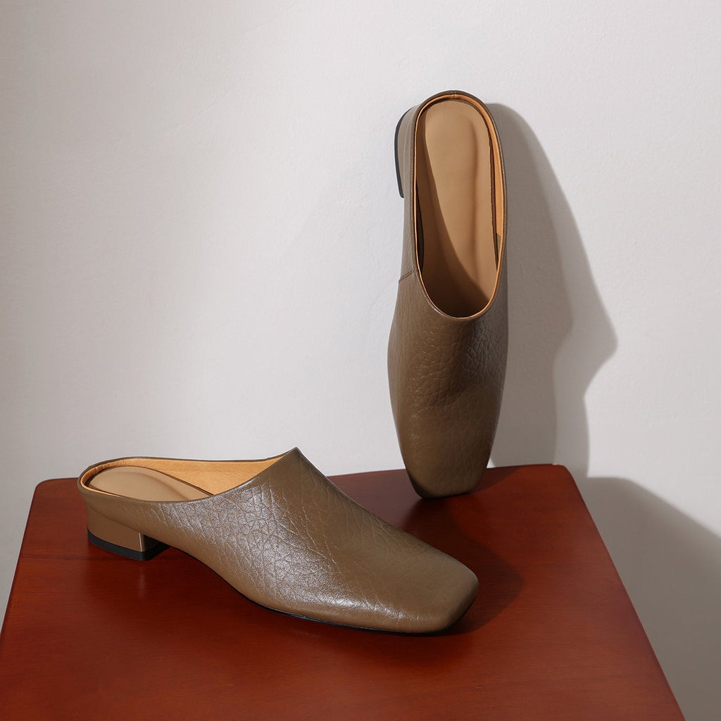 Women's Square Toe Cowhide Mules | Low Block Heel Slip-On Backless Shoes
