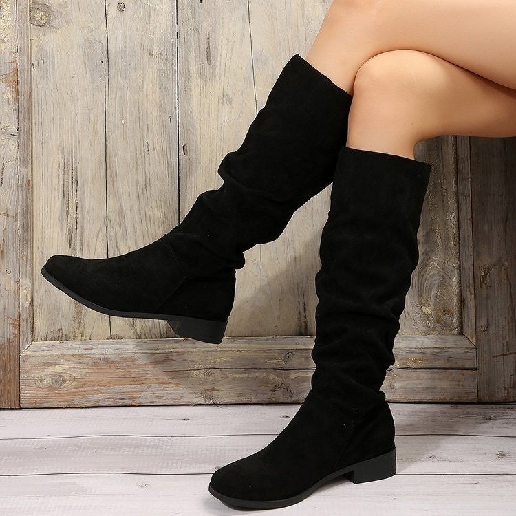 Women's Plus Size Suede Chunky Heel Slip-On Boots | Round Toe High Shaft