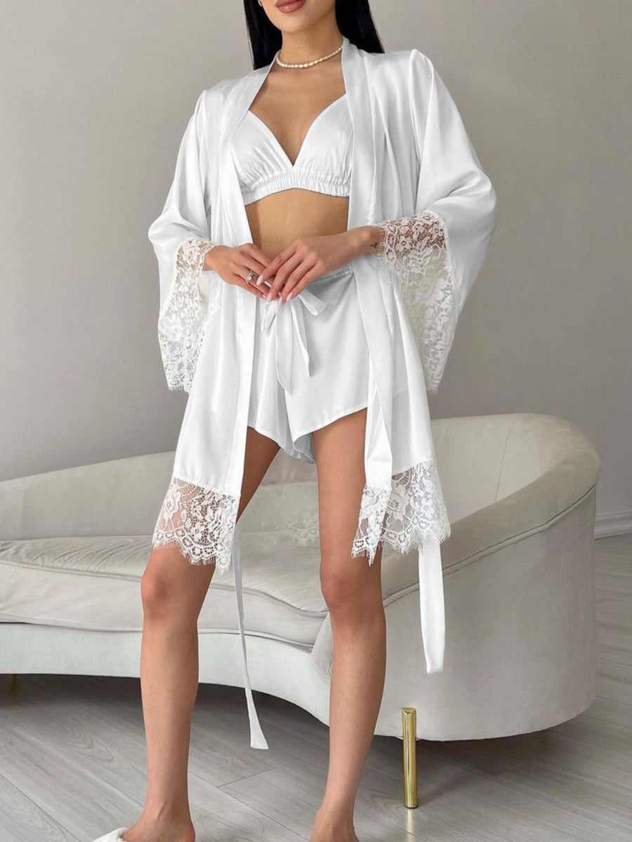 Lace-Trim Camisole, Cardigan & Shorts Lounge Set — White