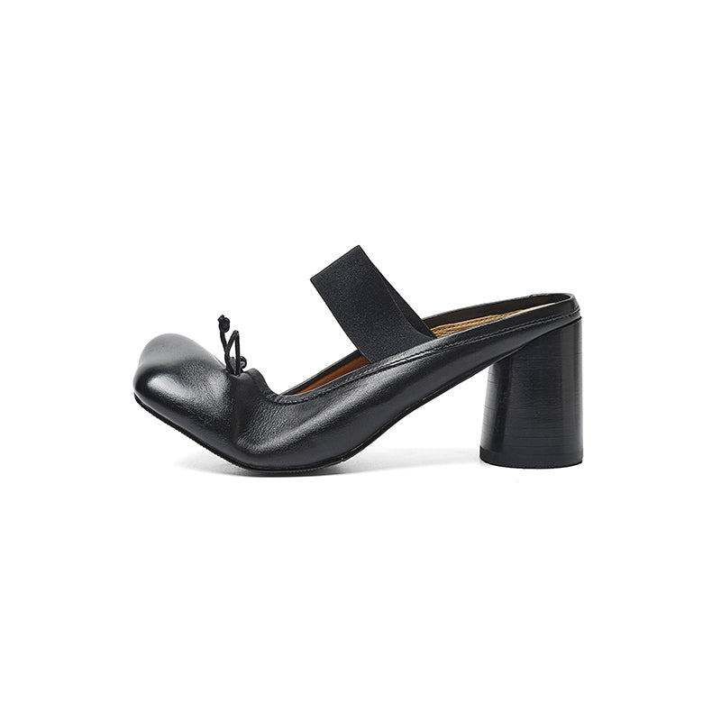 Women's Washed Cowhide Leather Ballet Mule Block Heel Sandals | Elastic Strap Open-Back Heels