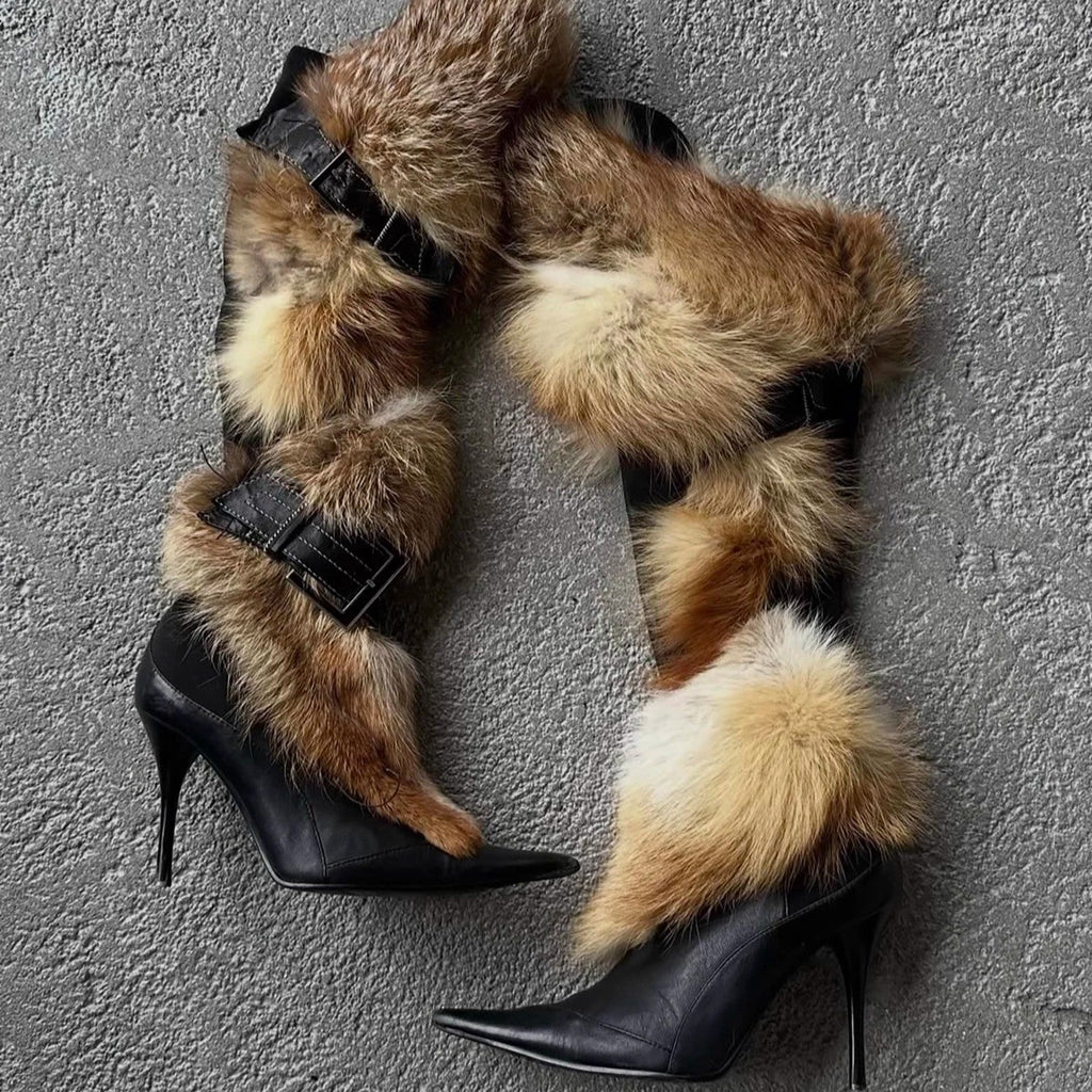 Women's Fluffy Stiletto Thigh-High Boots | Pigskin Slip-On Pointed-Toe Heels