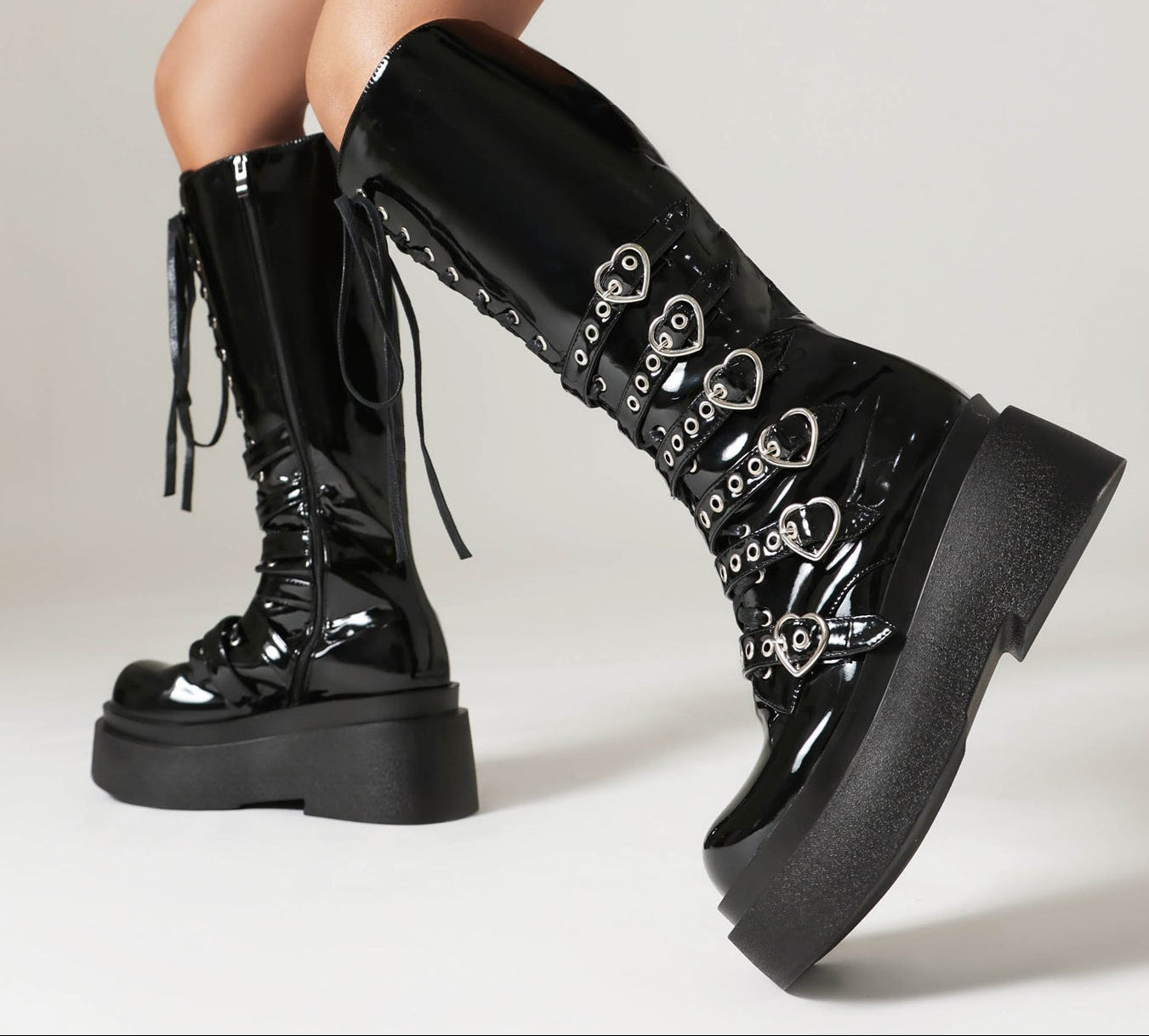 Women's Chunky-Soled Punk Over-the-Knee Boots with Cross-Tie Straps | Side Zipper | Sizes 34–44