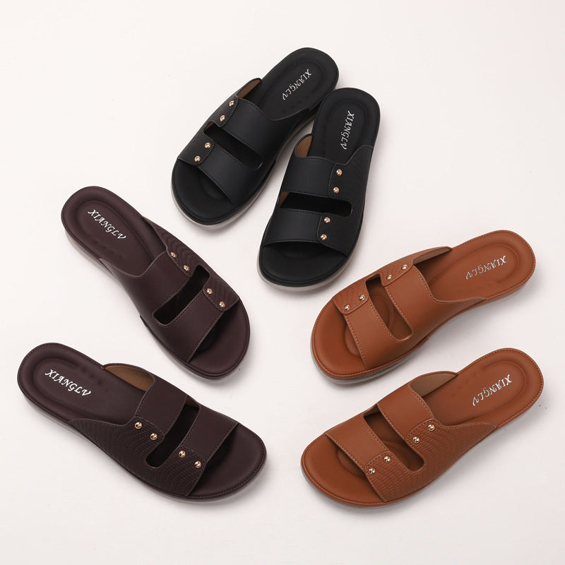 Women's Bohemian Beach Sandals – Round Toe Casual Slip-On Slides | Black, Burgundy, Brown