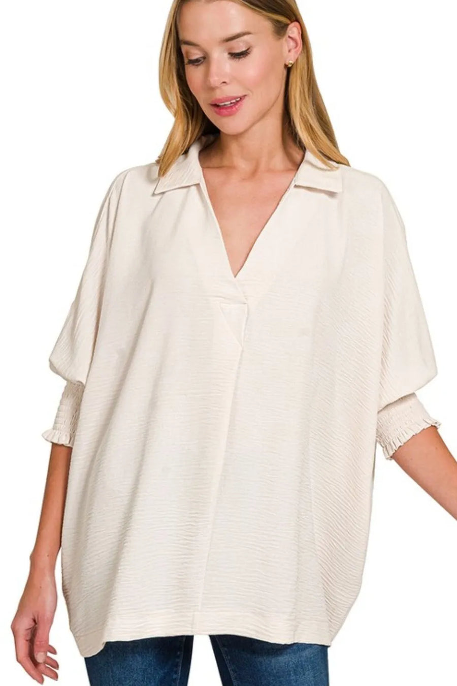 Airflow Collar Tee with Smocked Sleeve Band Top — Sand Beige