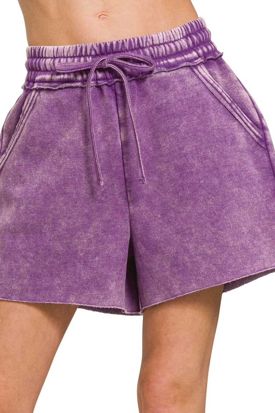 Acid Wash Fleece Drawstring Shorts with Pockets — VIOLET