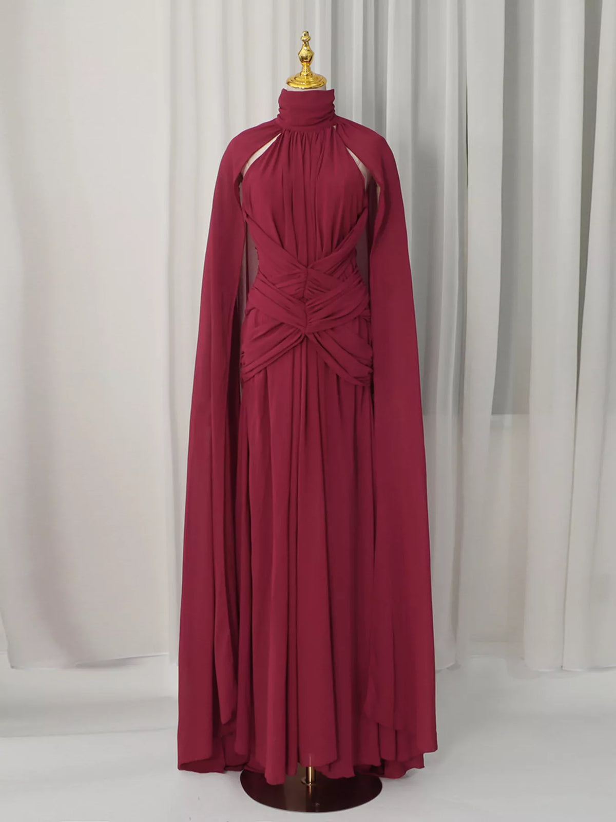 Red Ruched Halter-Neck Cape Maxi Dress