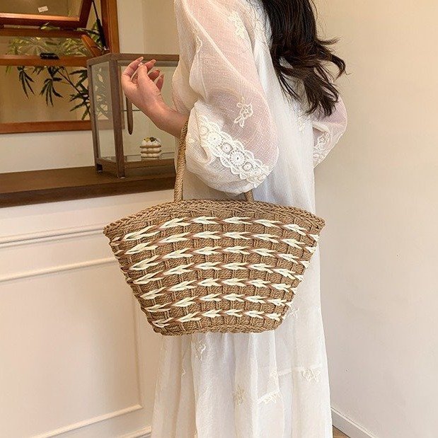 Handwoven Straw Beach Basket Bag - Color Block Shoulder Tote for Women