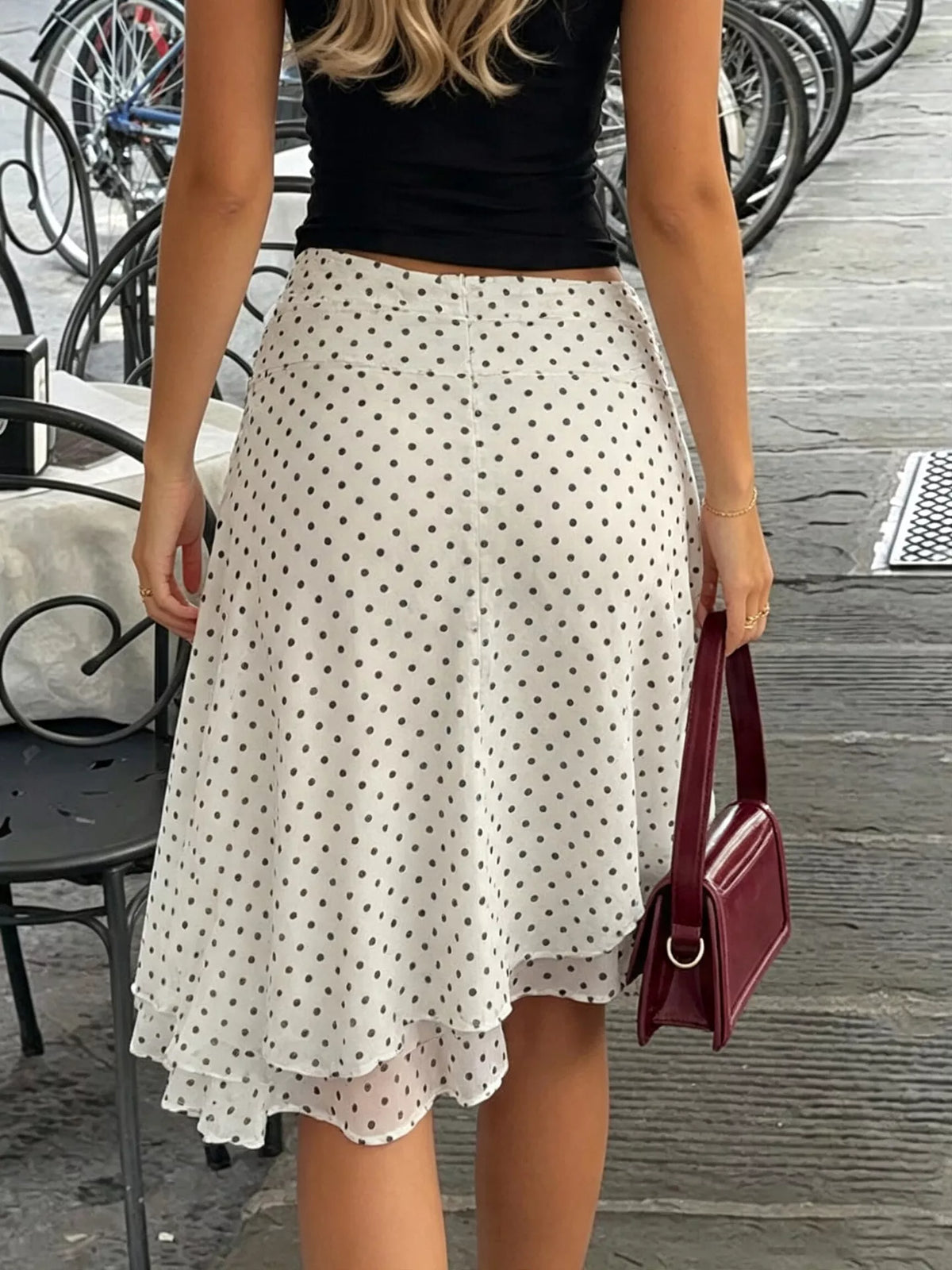 Polka-Dot Ruched Tiered Skirt