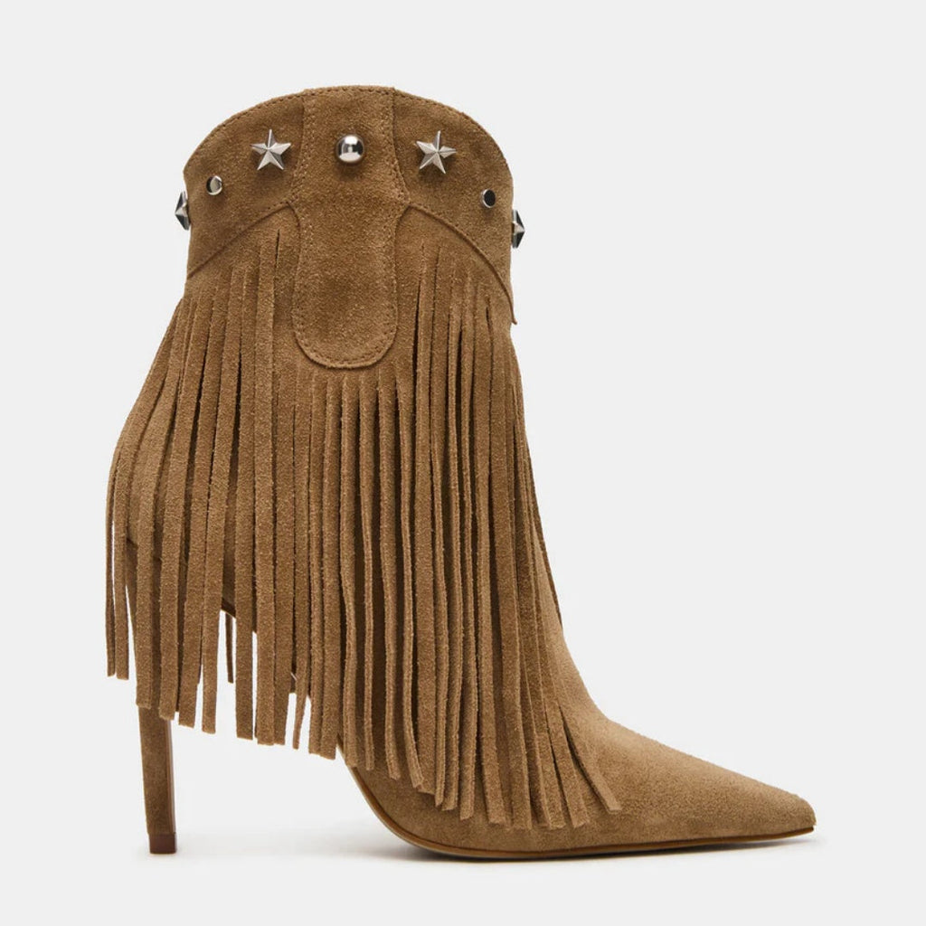 Fringed Studded High-Heel Pointed-Toe Ankle Boots – Side Zipper, Suede, Stiletto Heel | Sarah Express