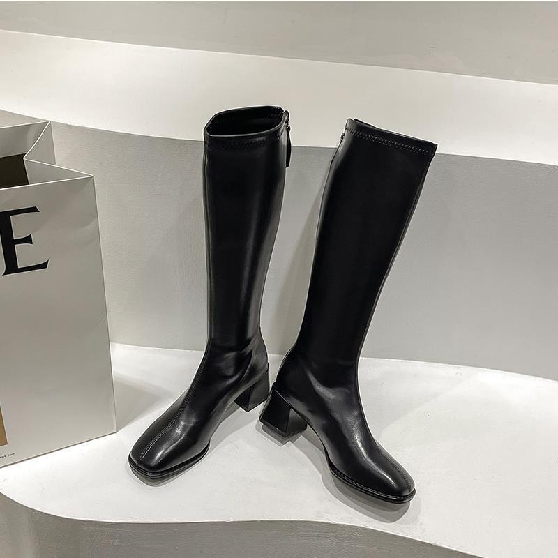Women's Over-The-Knee Slim High Boots | Chunky Heel PU Leather | Black Brown Beige Khaki