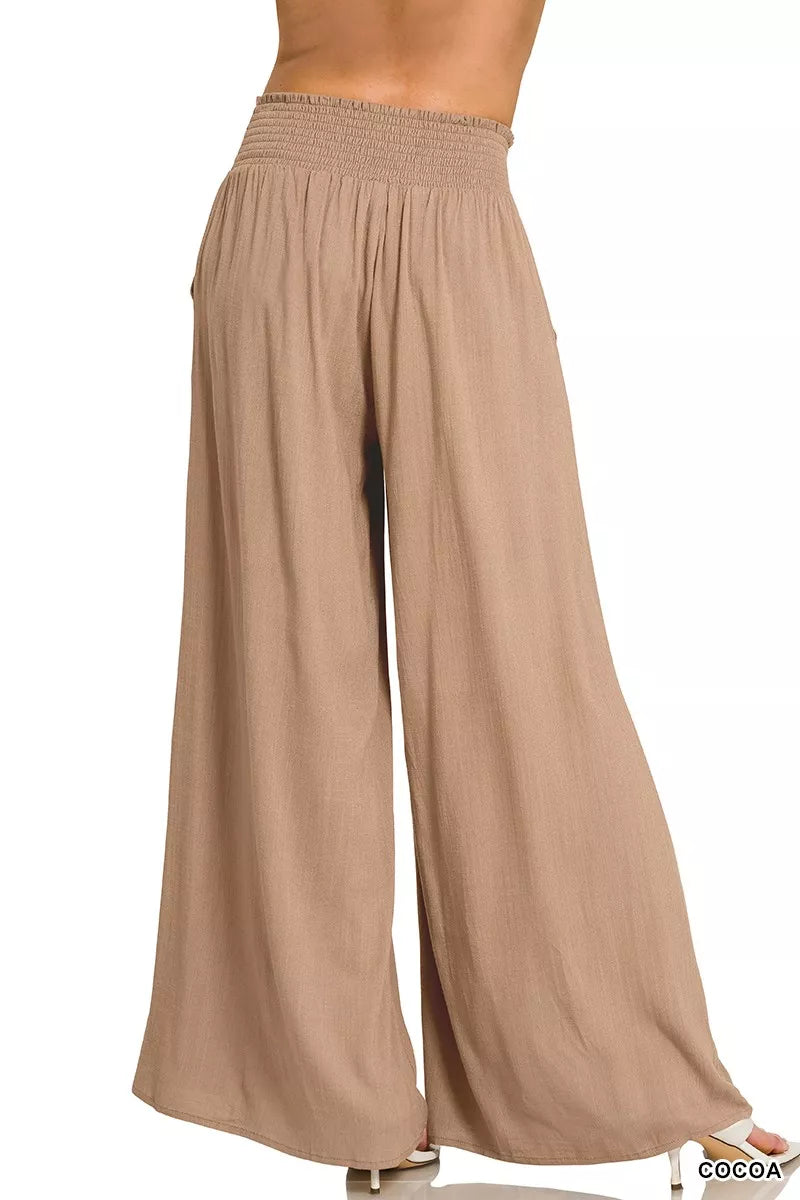Smocked-Waist Wide-Leg Lounge Pants