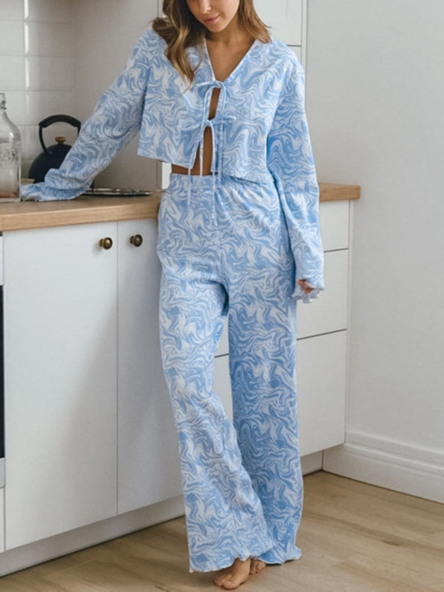 Tie Front Long-Sleeve Top and Pants Lounge Set