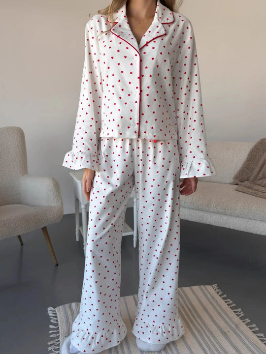Another view: Heart-Print Cotton Top & Pants Lounge Set — White