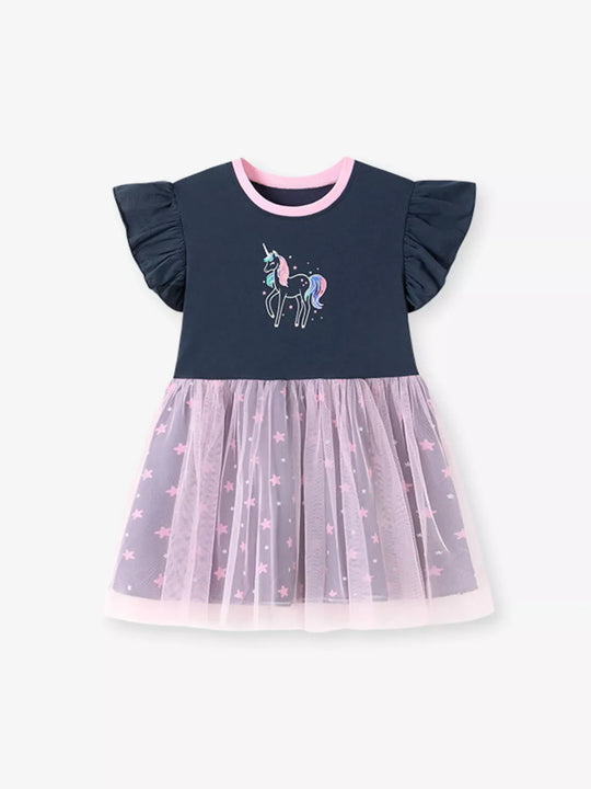 Another view: Girls' Unicorn Ruffle-Sleeve Tulle Dress – Lilac