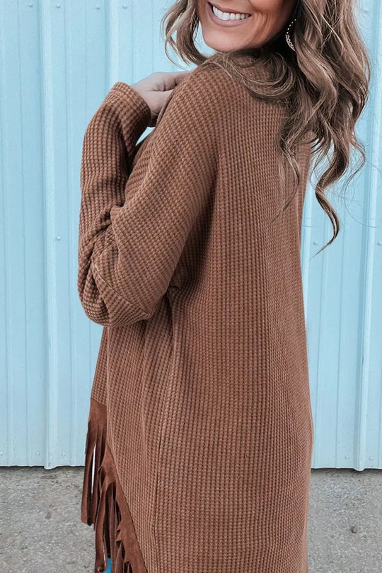 Another view: Waffle-Knit Fringed High-Low Top — Brown