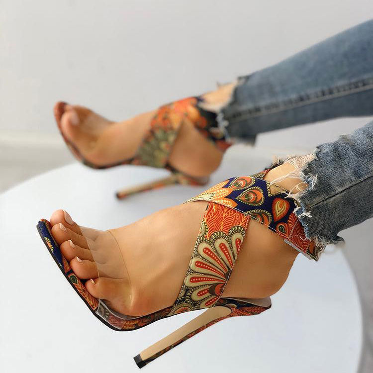Fashionable Printed Stiletto Heel Plus-Size Women's Sandals - Stylish Round Toe Stiletto Heels