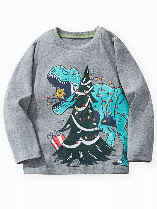 Another view: Kids' Dinosaur Christmas-Tree Long-Sleeve T-Shirt – Gray