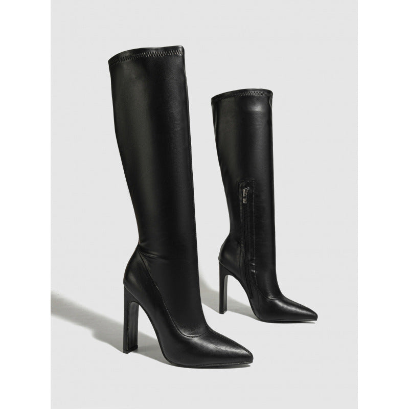 Pointed Toe Satin Mid-Calf Knight Boots with Side Zipper | Chunky Heel | Black & Brown