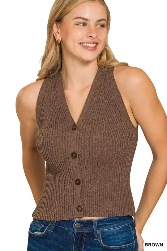 Another view: Ribbed Knit Button-Down Sweater Vest
