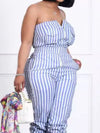 Striped strapless cargo jumpsuit neckline and pocket detail
