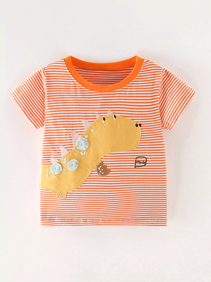 Kids’ Dinosaur-Appliqué Striped T-Shirt — Orange