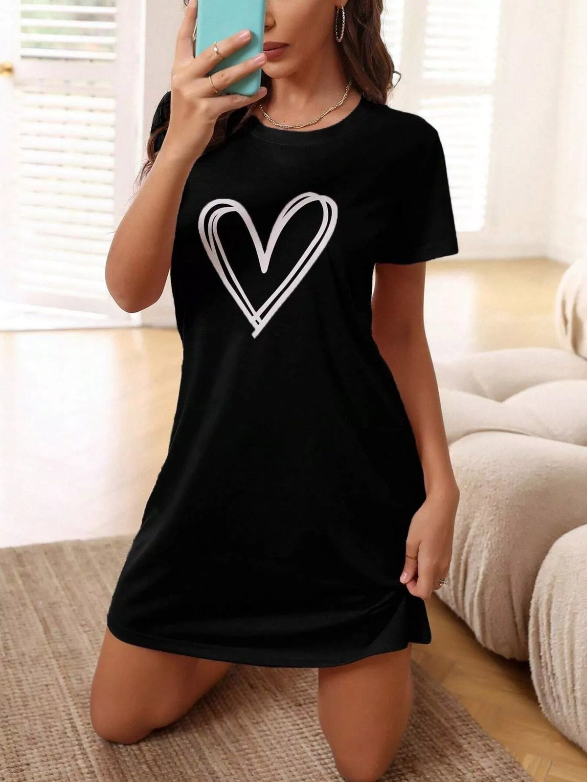 Women's Heart-Print Short-Sleeve Lounge Nightgown