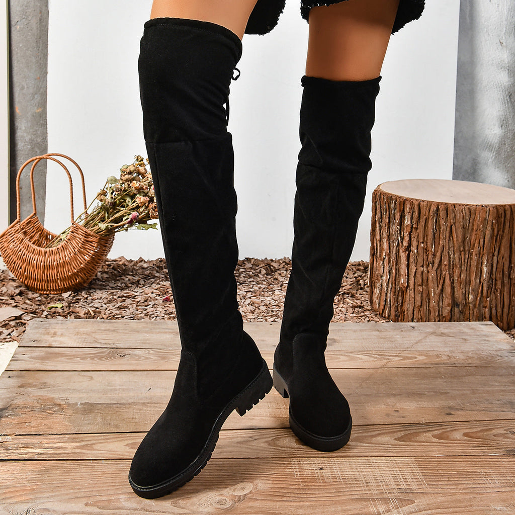 Women's Elastic Thick Sole Knee High Boots – Slip-On Square Heel Suede Over-the-Knee Boot