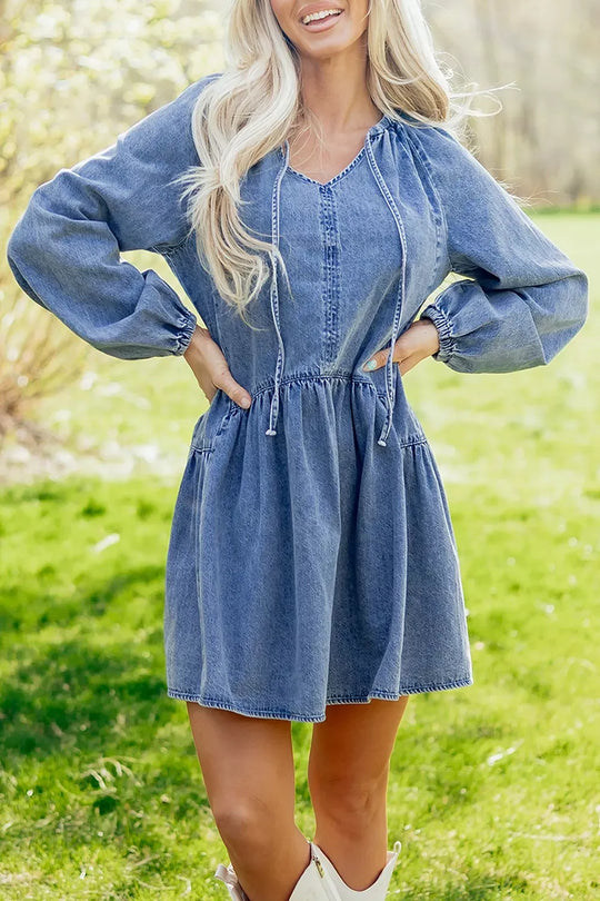 Another view: Puff Sleeve V-Neck Ruffled Loose Denim Mini Dress
