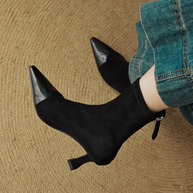 Women's Retro Pointed-Toe Patchwork Slim Mid-Calf Boots | Sheepskin Upper | Black & Brown