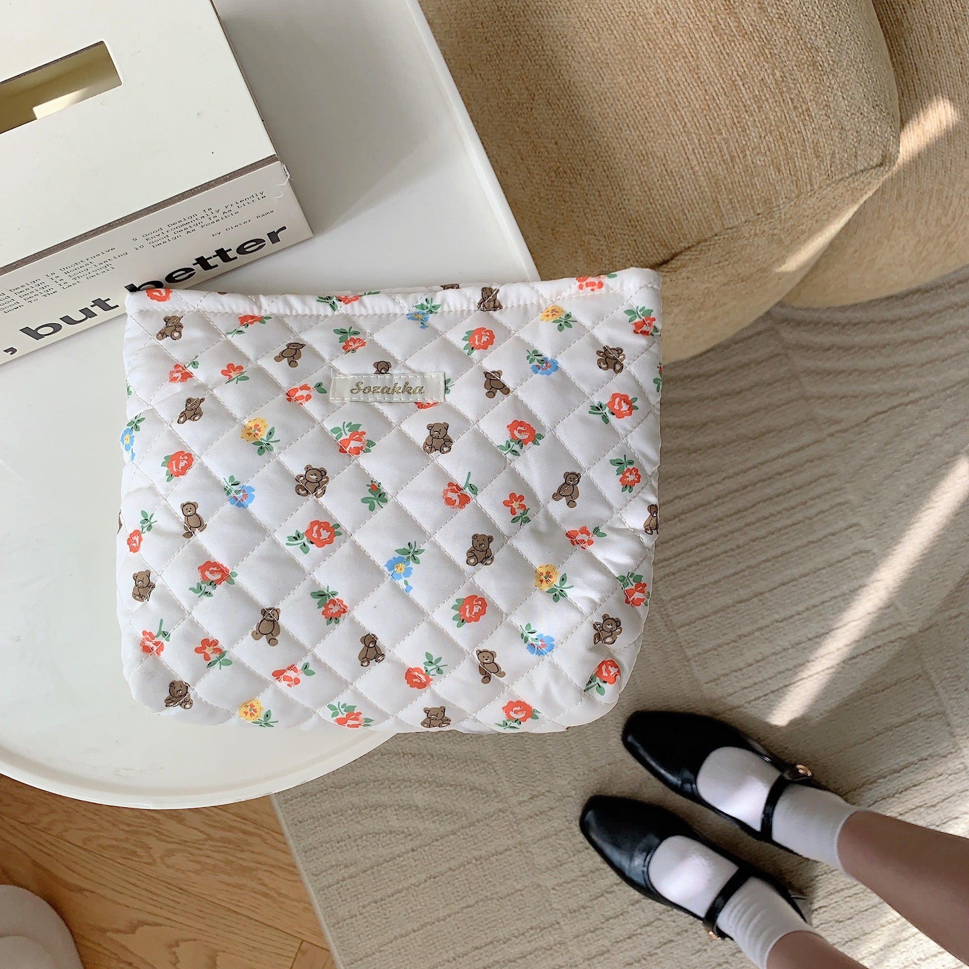 Quilted Floral Little Bear Makeup Bag - Women's Cosmetic Organizer Clutch with Cotton Lining