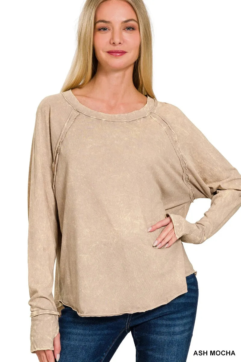 Crinkle Washed Thumb Hole Cuffs Long Sleeve Top