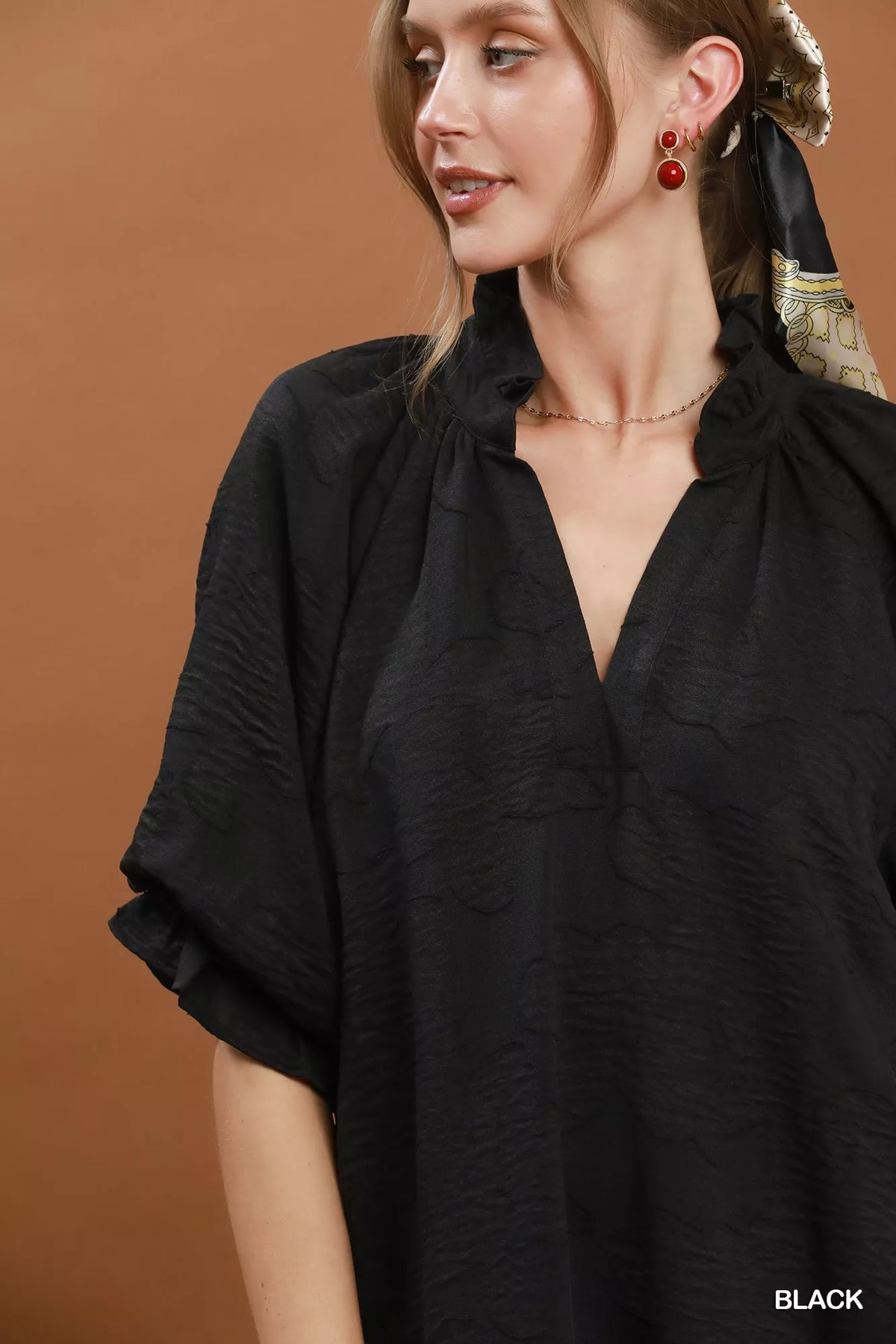 Umgee Floral Textured Jacquard V-Neck Dress — Black