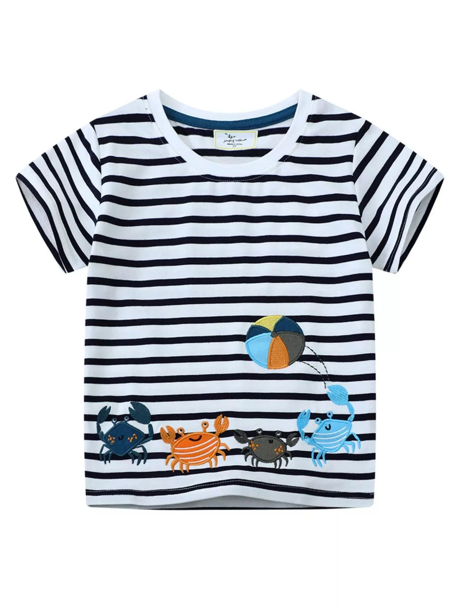 Kids’ Crab-Stripe Cotton T-Shirt — Black
