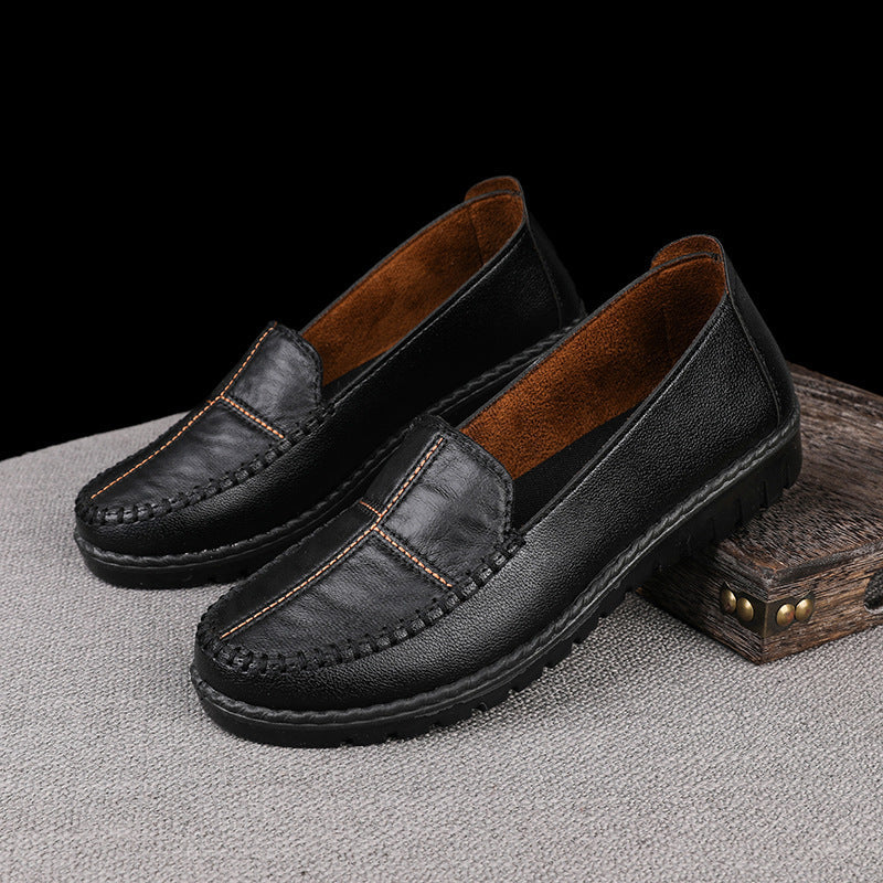 Women's Slip-On Leather Flats - Comfortable Round Toe Wedge Heel Casual Shoes