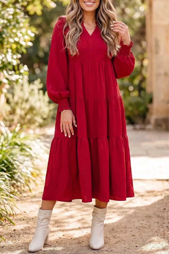 Burgundy ruffle-trim long-sleeve tiered midi dress.