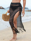 Fringe-trim openwork split swim cover-up skirt