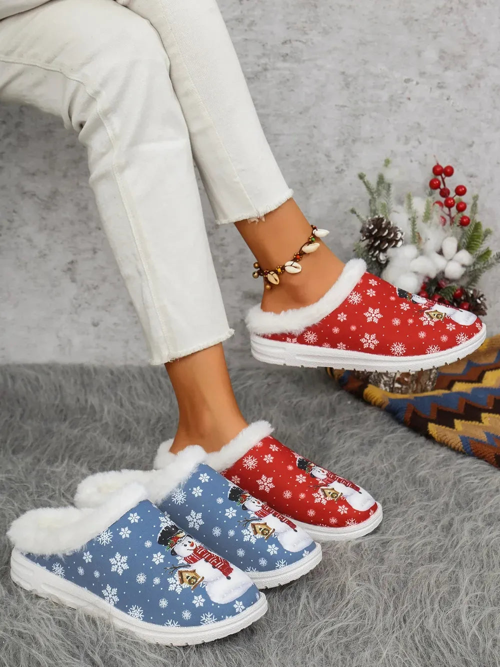 Snowman Print Faux Fur Flat Slippers — photo 1