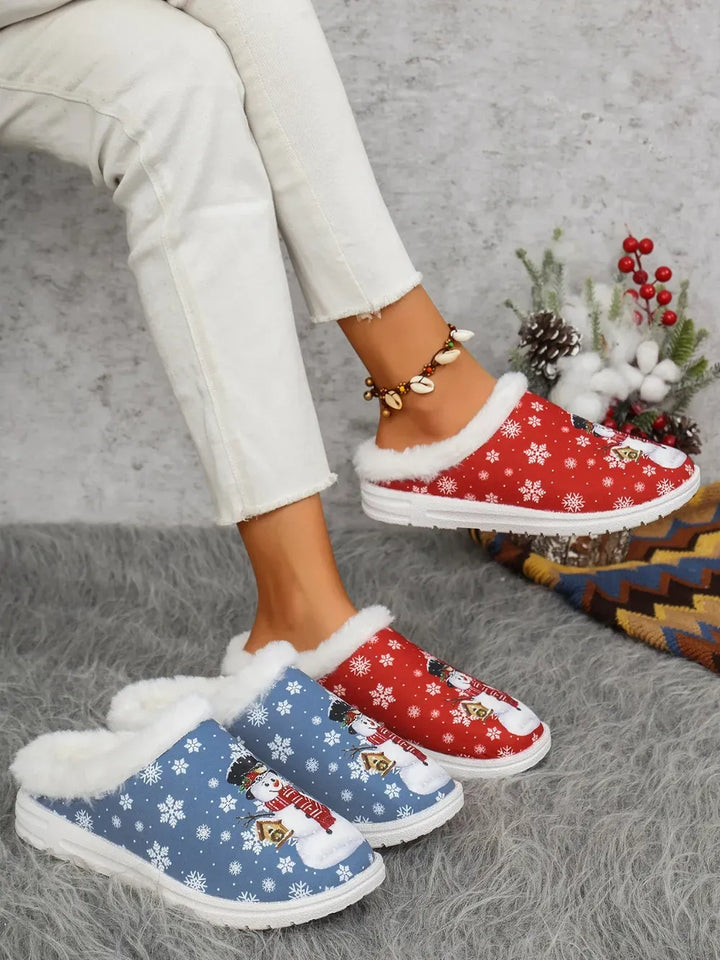 Snowman Print Faux Fur Flat Slippers