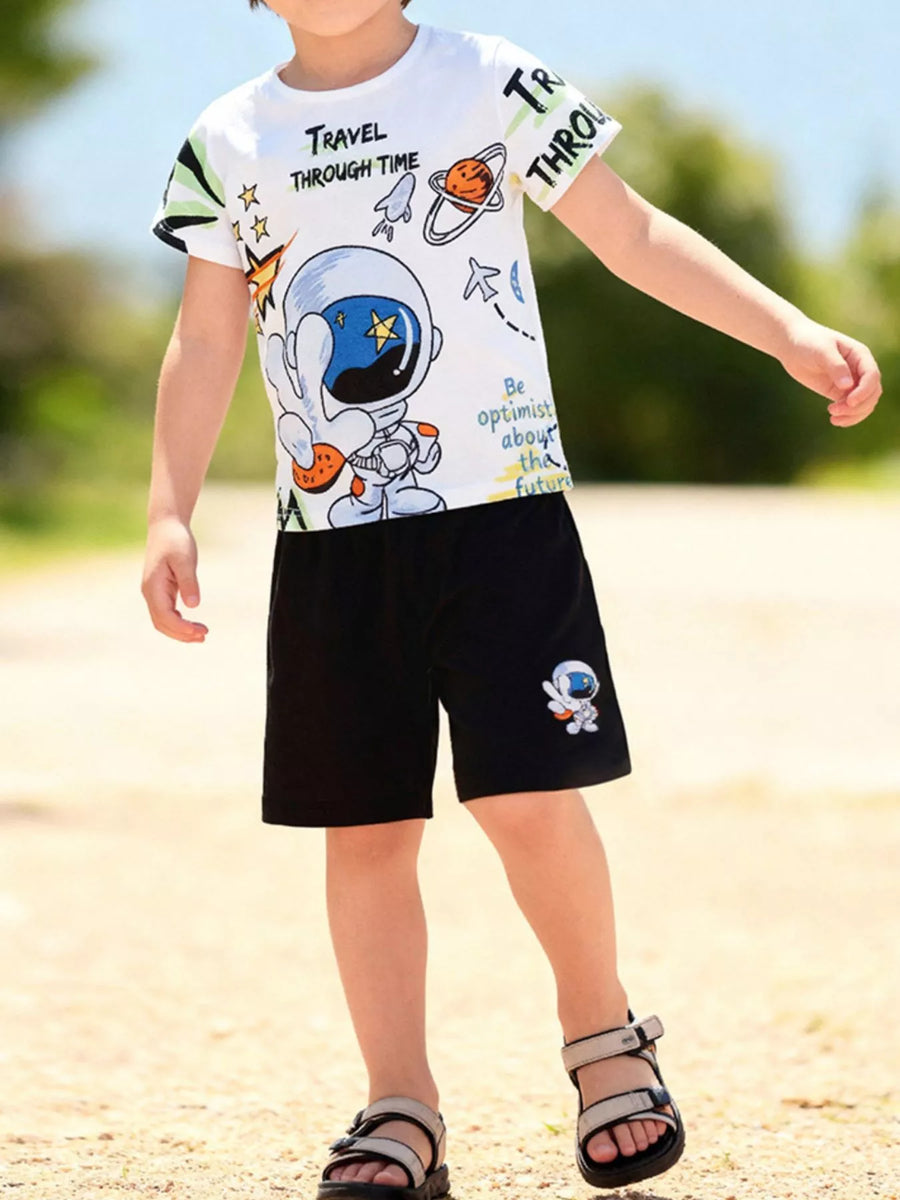 Kids' Printed Cotton Tee & Shorts Set – White
