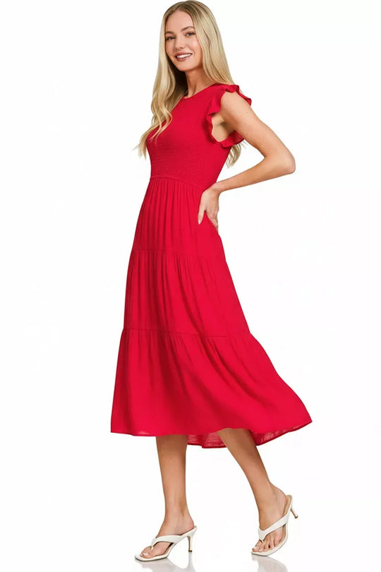 Another view: Woven Smocked Ruffle Sleeve Midi Dress